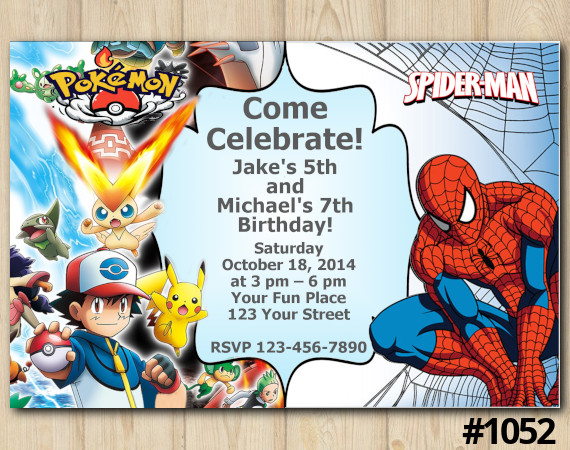 Twin Pokémon and Spiderman Invitation | Personalized Digital Card